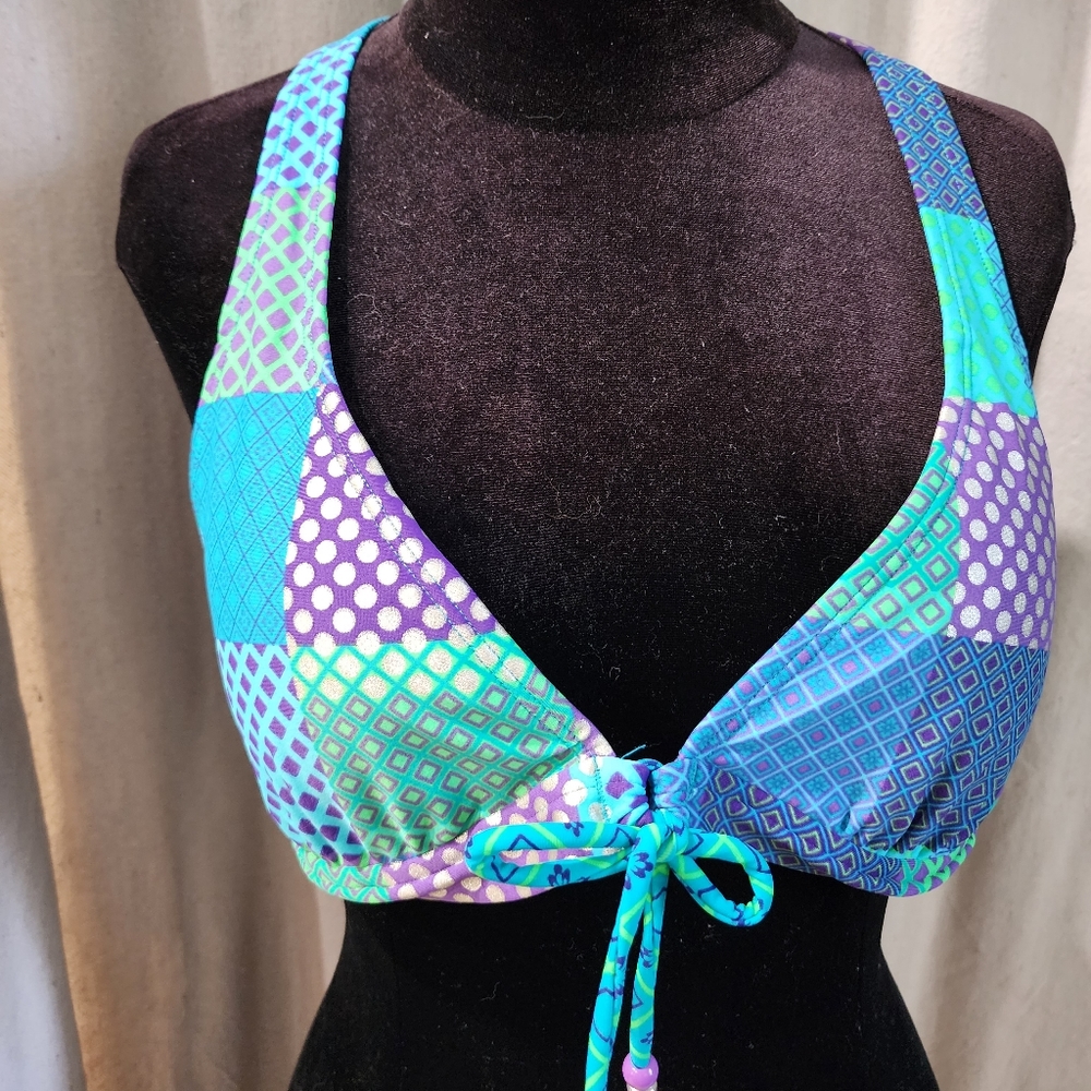 DECREE Womens Teen Large Bikini Top Boho Print Beads Blue Green